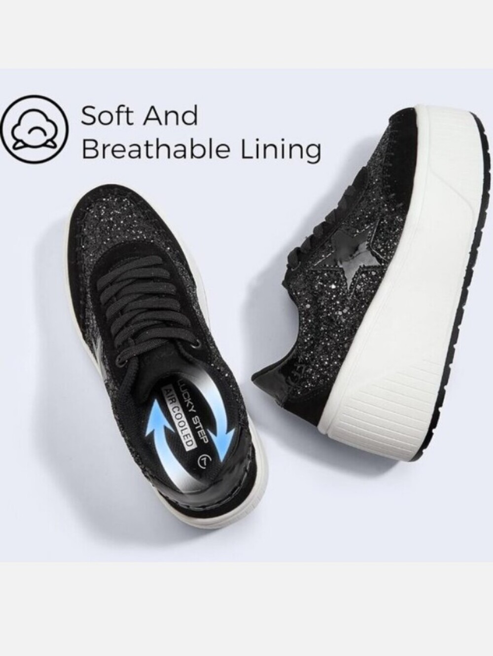 Lucky Step Black Glitter Platform Sneakers for Women